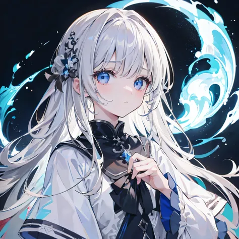 8k resolution、((Highest quality))、((masterpiece))、((Super detailed))、only、One young  girl、solo、Unbelievably absurd、Torn white clothes、Long-haired gray hair、Light-colored eyes、1 woman、ghost、Blue Flame、Fantasy