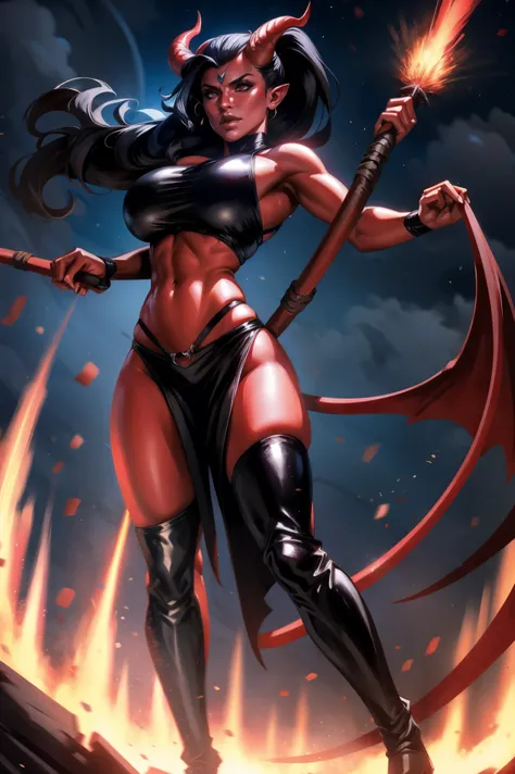 Red skin succubus tiefling, medium breasts, black horns, wings, huge tail, black leather, crop top, long flowing pelvic curtain, tall, toned, graceful, thin, long black ponytail. Action scene, whip. Dark scene, explosions, night sky.