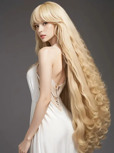 (Pure white wall background:1.8. Upper body photo from the knees up)　((Random poses to reveal as much of the dress as possible, Keep your back and hair as clean as possible.:1.5))　((Her hair is incredibly straight.:1.5))　((Beautiful model with long blonde ...