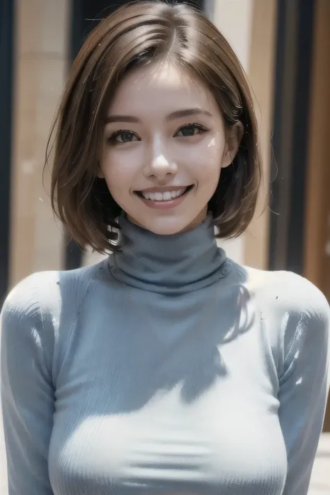 ((masterpiece)), ((Highest quality)), ((Complex)), ((Surreal)), (Realistic), (Mature Woman), ((No classes)), Very detailed, (1 female), Beautiful and exquisite, (Beautiful Teeth), Grin, Brunette bob hair, Brown eyes, ((Turtleneck sweater)), (Upper Body), (...