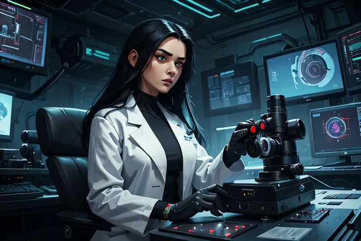 a woman in a white doctors coat, long black hair and mechanical hands using a microscope in a technology room (digital art, cyberpunk art, RPG art)
