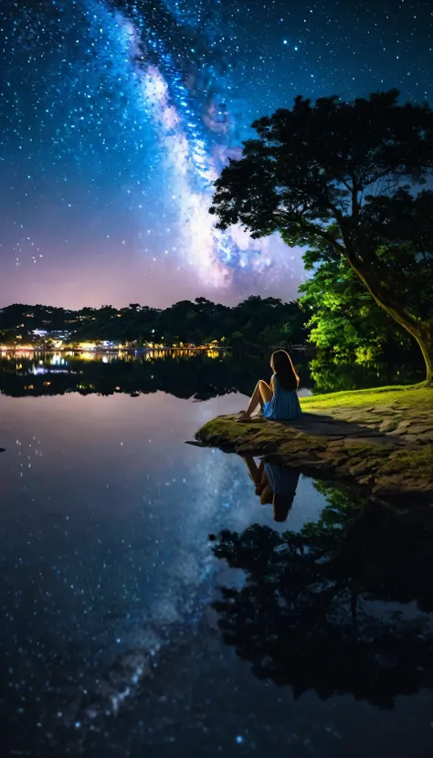 sky, star, landscape, starry sky, night, girl, night sky, solo, outdoor, signature, building, clouds, milky way, sitting, tree, long hair, city, silhouette, cityscape、The scenery reflected on the ground, the night sky reflected on the water,