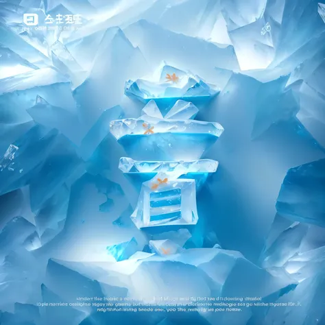 There is a poster，Picture with some ice cubes on it, Made of Ice, Everything is Made of Ice, female Made of Ice, ice background, on a throne of crystals, Inspired by Mei Qing, on an icy throat,