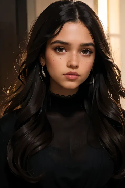 ((best quality)), ((masterpiece)), (detailed), beautiful fourteen year old girl, perfect face, calm expression, soft expression, not fully smiling, (dark brown eyes), (black eyes), photorealistic, detailed long hair, perfect lighting, (young), delicate, ge...