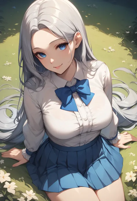 1 girl, ((Girl is curvy, beautiful and tall)), ((silver blue ombre hair))((Long hair)), ((blue eyes)), ((Girl wears long sleeved white blouse, blue bowtie, short blue pleated skirt)), ((Grass yard)), looking at viewer, smiling warmly, 8k, masterpiece, ray ...