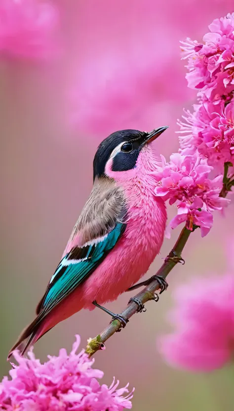 A bird remains in pink aesthetic flowers，Take pollen，The colors are eye-catching，Sharp
