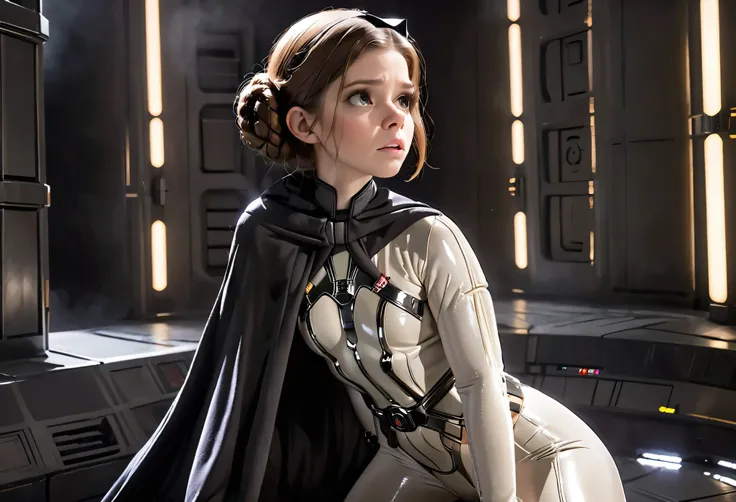 kate mara (age 25) in the role of princess leia (white metallic skinsuit and cloak) is a high tech and very dangerous torture ch...