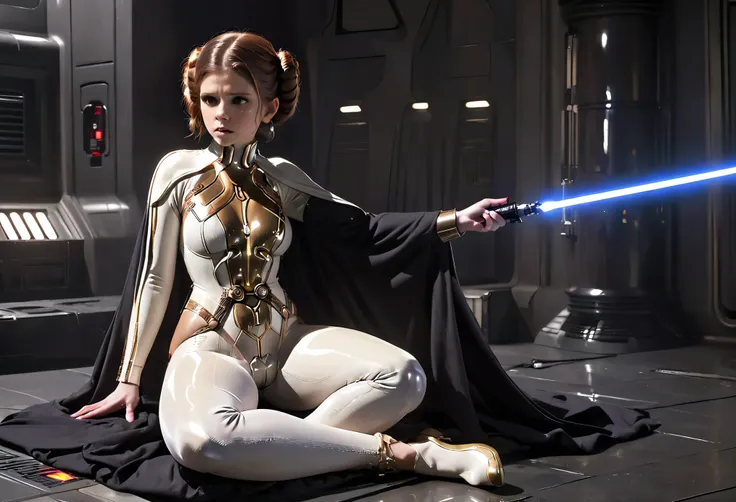 Kate Mara (age 25) in the role of Princess Leia (white metallic skinsuit and cloak) is a high tech and very dangerous torture chamber pleading with Darth Vader for mercy, damsel in pain, damsel in distress
