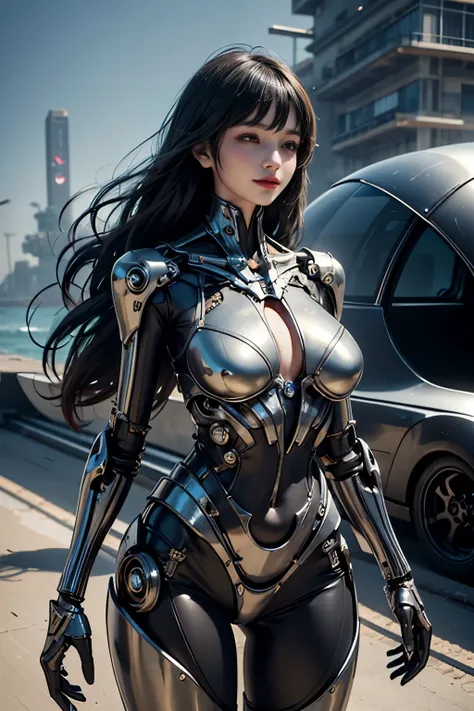 Best quality, delicate face, 17-year-old girl, slender body, body made of metal, plump breasts, light smile, metal structural skeleton, seaside, standing posture, beach, huge spaceship floating in the air, cyberpunk, sci-fi