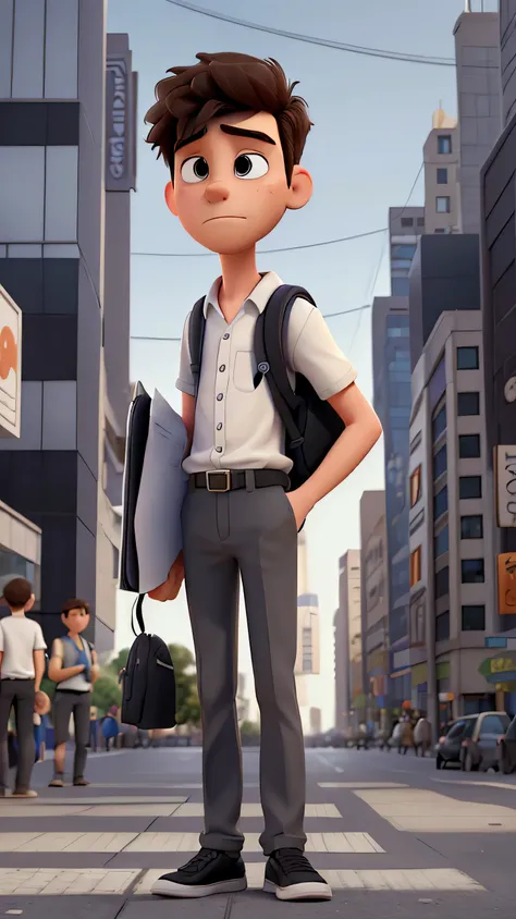 Design a 3D Pixar-style young man looking sad, wearing a white shirt, black pants, and a backpack. He’s holding a piece of paper (job application) and searching for work in a crowded city setting. The scene should convey despair and regret, with a bustling...