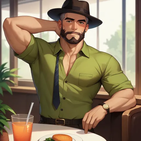 score_9,score_8_up,score_7_up, score_6_up, score_5_up,source_anime, a tall handsome old man, greying hair, touch of grey, trimmed beard, detectives clothing, fedora, blushing, hand behind head, in a cafe