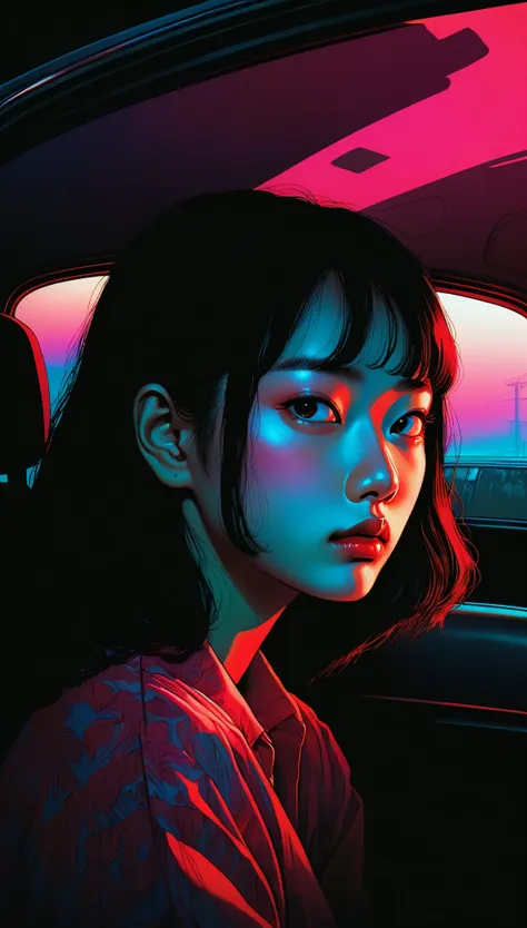 an illustration、art、80s thai horror movie poster, supervised by junji ito、(in the car:1.0)、evening、attention to detail, realisti...