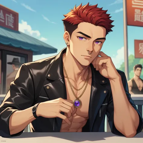 score_9,score_8_up,score_7_up, score_6_up, score_5_up,source_anime,  a delinquent male, black leather jacket, purple eyes, red pompadour hair, nose ring, outdoors at a bar, yakuza clothing 