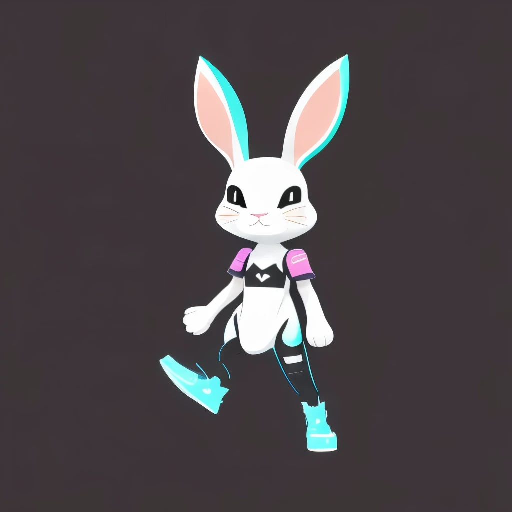 Cartoon animal design, flat style cute rabbit full body photo, simple but not lost sense of design, fresh flat style, cyberpunk elements are applied freely, the front view presents a charming cute posture, and the feet hang down in a cute posture