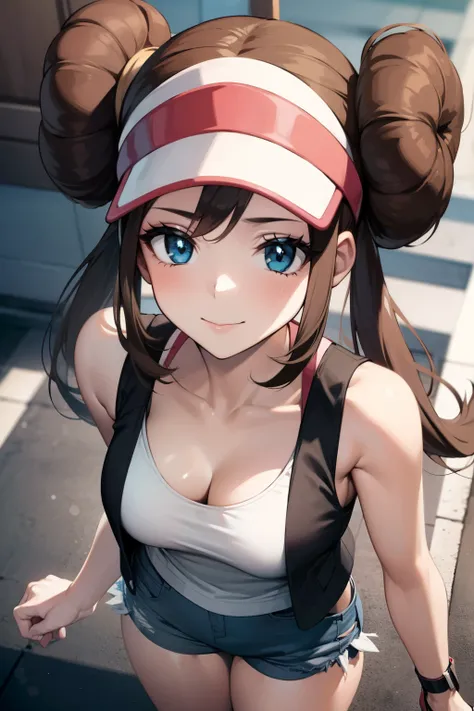 Masterpiece, best quality, girl, ro1, hair bun, blue eyes, twintails, visor cap, denim shorts, denim, short shorts, vest, shirt, wristband, sleeveless, white shirt, black vest, sleeveless shirt, standing in streets, smile, cowboy shot, collarbone, small br...