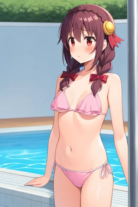 alone, One girl, Yunyun、(blush:1.2) , Crown braids of the same color as your hair, Red Eyes、hair ornaments, Hair Ribbon, (Pink Bikini)、Poolside、Standing up and seeing the whole body、Side view、A slightly anxious look