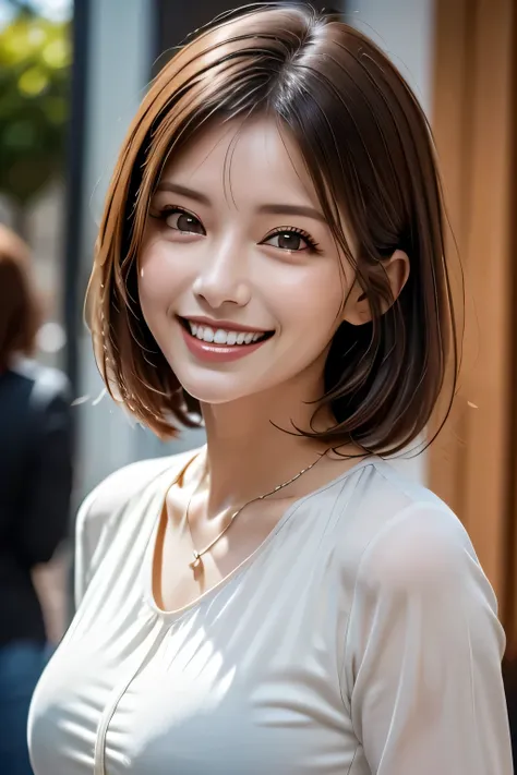 ((masterpiece)), ((Highest quality)), ((Complex)), ((Surreal)), (Realistic), (Mature Woman), ((No classes)), Very detailed, (1 female), Beautiful and exquisite, (Beautiful Teeth), Grin, Brunette bob hair, Brown eyes, ((blouse)), (Upper Body), (background:n...