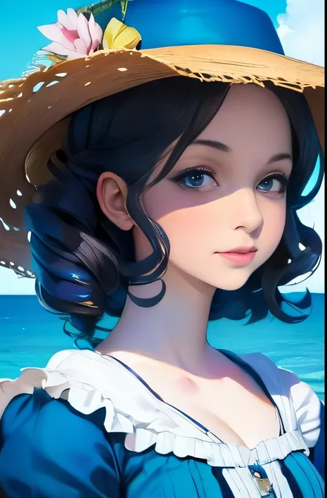 a close up of a woman in a dress and hat on a beach, a portrait inspired by Caroline Lucy Scott, flickr, rococo, with straw hat, victorian style costume, victorian blue dress, perdita weeks!, straw hat and overcoat, in victorian aristocrat, pose 4 of 1 6, ...