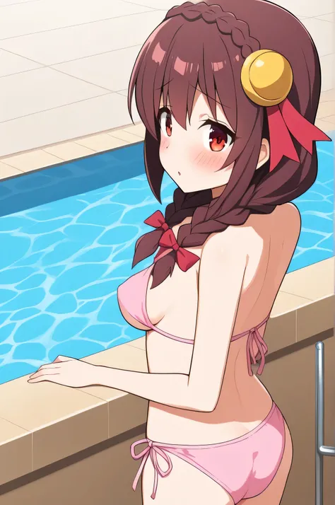 alone, One girl, Yunyun、(blush:1.2) , Crown braids of the same color as your hair, Red Eyes、hair ornaments, Hair Ribbon, (Pink Bikini)、Poolside、Standing up and seeing the whole body、View from behind、A slightly anxious look、Slightly larger breasts