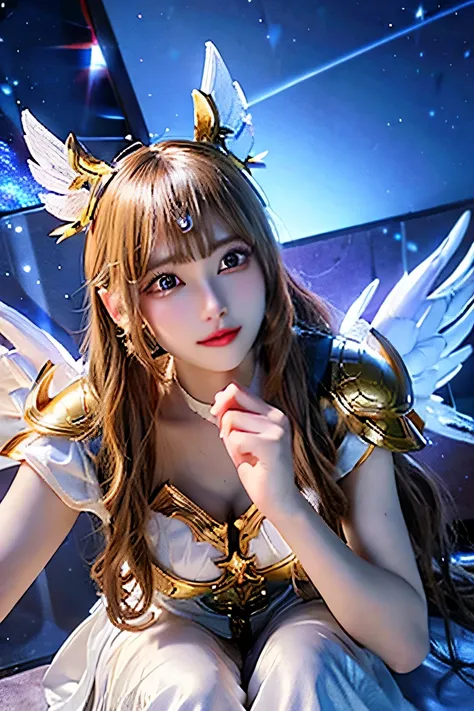 Close-up of woman in costume with wings, lux from league of legends, Angel Gold Armor, 3D Goddess Minerva, Divine Reward, Valkyrie style characters, Epic Mage Girl Character, As a mysterious Valkyrie, Stunning fantasy 3D rendering, Seraphina Ali KDA, Heavy...