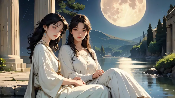 (Highest quality、High resolution、masterpiece)、4K Anime Art、(two women are sitting on a rock in the river、Facing each other、whole body、18-year-old)、(ancient greek scene) 、(Detailed depiction of a beautiful face)、Put your hair up、Captivating smile、(Ancient G...