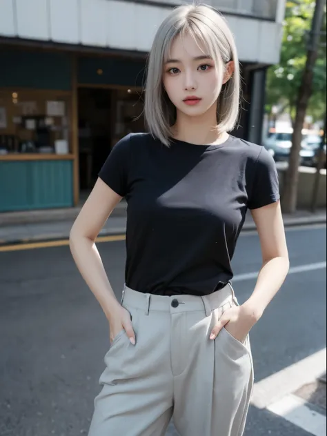 (8k, Top quality, Masterpiece:1.2), (Realistic, photo-realistic:1.37), Super detailed, perfect anatomy, cute, small eyes, silver hair, 18 years old, a Japanese, girl, bangs, pants, at alley, short sleeve,