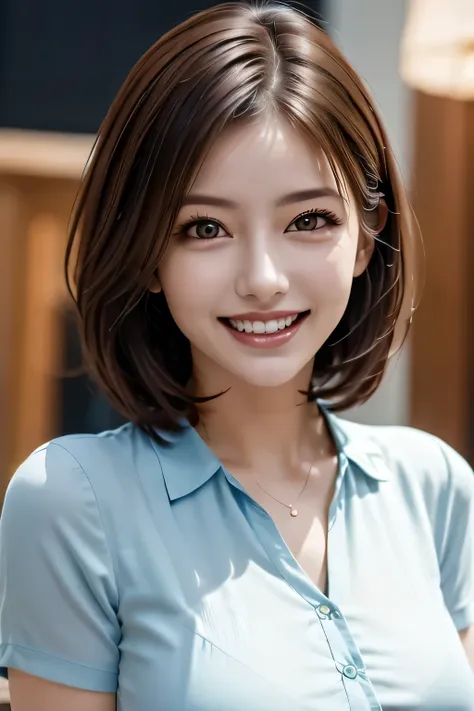 ((masterpiece)), ((Highest quality)), ((Complex)), ((Surreal)), (Realistic), (Mature Woman), ((No classes)), Very detailed, (1 female), Beautiful and exquisite, (Beautiful Teeth), Grin, Brunette bob hair, Brown eyes, ((blouse)), (Upper Body), (background:n...