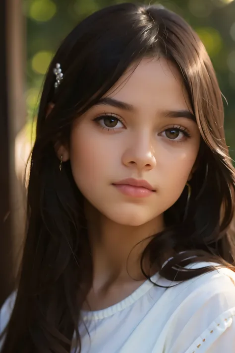 ((best quality)), ((masterpiece)), (detailed), beautiful eleven year old girl, perfect face, calm expression, soft expression, not fully smiling, (dark brown eyes), (black eyes), photorealistic, detailed long hair, perfect lighting, (young), delicate gentl...