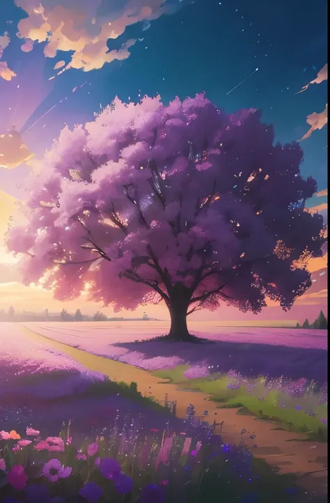 a purple tree in a field with flowers and trees, a digital painting by Mike "Beeple" Winkelmann, trending on cgsociety, conceptual art, beautiful!!! digital art, anime beautiful peace scene, anime nature wallpap, magical colors and atmosphere, 🌺 cgsociety,...