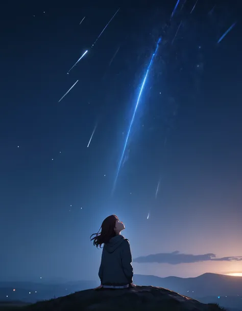 Starry Sky,meteor,8k,Beautiful night sky,Girl looking up at the sky,Long Shot,Wide Shot