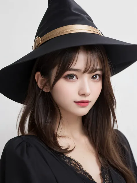 white background, half body portrait, bust shot, one girl, (a beauty girl, delicate girl:1.3), (20 years old:1.3), break, (witch costume, Witch hat, Witch clothes), break, (gates of hell:1.2), break, very fine eyes, (symmetrical eyes:1.3), break, small bre...