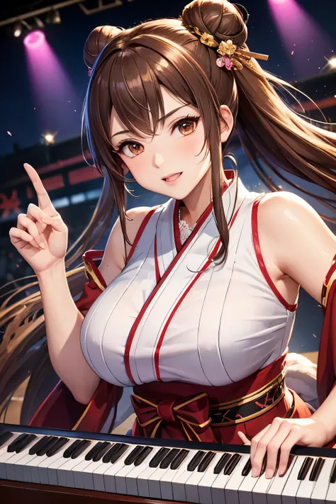 Top quality, ample limbs, perfect fingers, slender beauty, twin-tailed bun hairstyle, brown hair, Deresute, A costume of haori and hakama with a flashy pattern,Band instrumentskeyboard, beautiful large breasts, live stage, Playing Band InstrumentsKeyboard