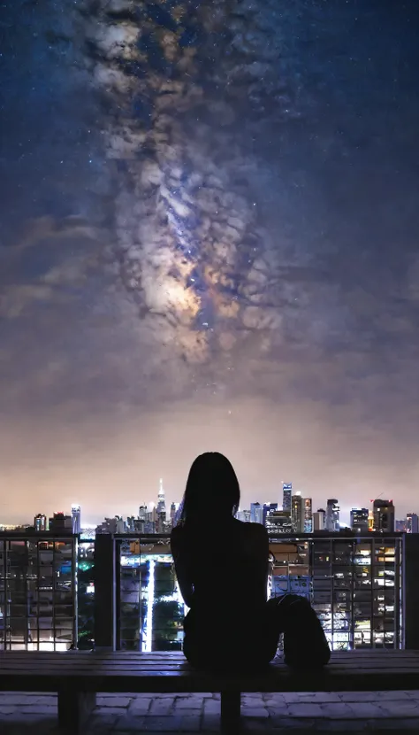sky, star, landscape, starry sky, night, girl, night sky, solo, outdoor, signature, building, clouds, milky way, sitting, tree, long hair, city, silhouette, cityscape