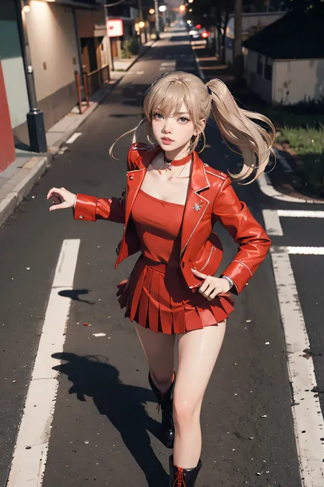 masterpiece, Highest quality, Red knee socks, Red jacket, Pleated skirt, Red Skirt, Long sleeve, choker, Red Shirt, Open jacket, White ribbon, Open clothes, High heel boots, Asphalt road, running, Traces of Gaze, Night Sky, neon, From above,,