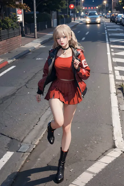 masterpiece, Highest quality, Red knee socks, Red jacket, Pleated skirt, Red Skirt, Long sleeve, choker, Red Shirt, Open jacket, White ribbon, Open clothes, High heel boots, Asphalt road, running, Traces of Gaze, Night Sky, neon, From above,,