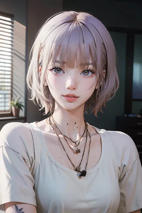 Close-up of a woman with tattoos on her chest, girl, Short white hair with bangs, Black strands of hair, Purple eyes, White T-shirt and white cape, Pendant around the neck. 超High resolution.Photorealistic. 超High resolution.Photorealistic:1.4,超High resoluti...