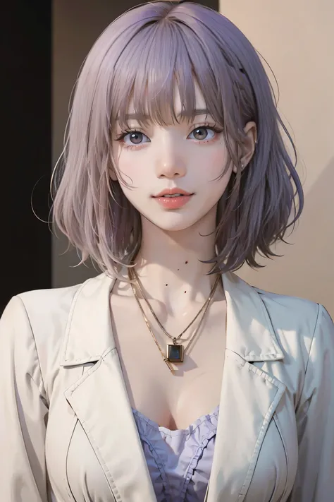 Close-up of a woman with tattoos on her chest, girl, Short white hair with bangs, Black strands of hair, Purple eyes, White T-shirt and white cape, Pendant around the neck. 超High resolution.Realistic. 超High resolution.Realistic:1.4,超High resolution. Realis...
