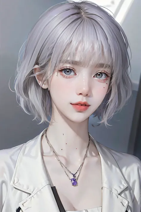 ((woman with tattoo on chest)), girl, ((Short white hair with bangs, Black strands of hair)), Purple eyes, White T-shirt and white cape, Pendant around the neck. 超High resolution.Realistic. 超High resolution.Realistic:1.4,超High resolution. Realistic,High re...