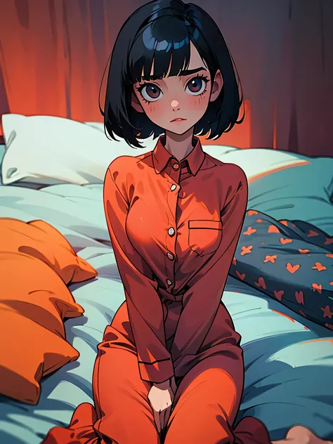 A woman with short black hair and bob is sitting on a bed wearing thin one-piece pajamas