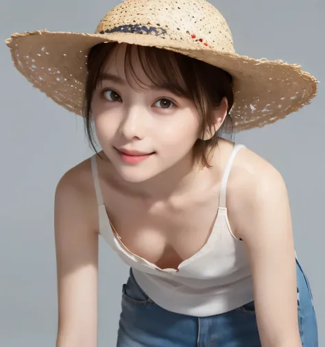 Highest quality、masterpiece、Ultra-high resolution、、Clear photos、very cute女の子、beautiful girl、very cute、Baby Face、Beautiful and delicate skin、smile、Wearing a white tank top、Wearing hot pants、Berry Short Cut、Wear a straw hat、thin、(Small breasts:1.6、Flat Chest...