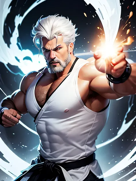 Portrait of a mighty Zeus unleashing all his powers, digital art in the style of Robert Liberace, dynamic action poses, short hair, white hair, white shirt with black belt