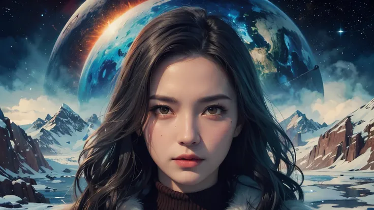 In front of the planet is a woman with long hair and a fur coat, Unreal 5. RPG Portrait, Epic portrait illustration, Artgerm JSC, Charlie Bowater&#39;s art style, Amazing digital illustrations, Avatar Image, Artgerm Julie Bell Beeple, Artwork portrait of M...