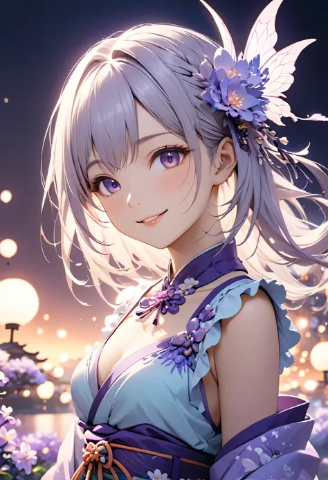 Highest quality, Highest quality, 16K, Unbelievably absurd, Very detailed, 2.5D, delicate and dynamic,pale,Cool colors,A Kind World,evening,Fantasy,One Girl,18-year-old,purple,Japanese culture,sexy,smile,Cute,Upper Body