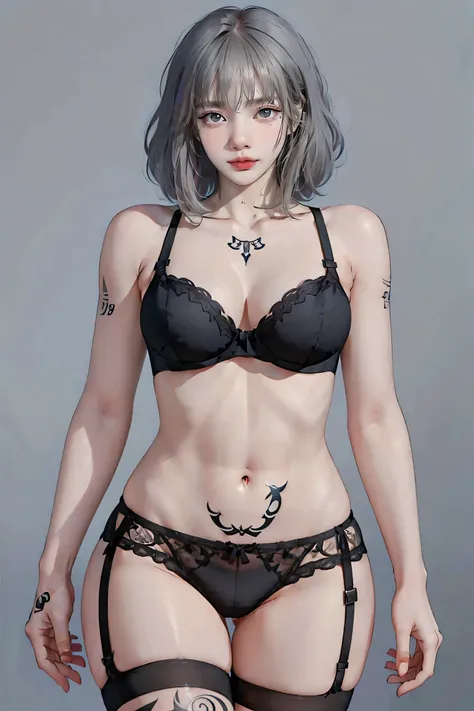 1 Female, Gray Hair, Beautiful breasts, lingerie, (Bra falls off 1.5) Fishnet tights, ((Numerous tattoos all over the body))), Muscular, Big thighs, Narrow waist, Toned Abs,((Multiple tattoos all over the body:1.2)),panties