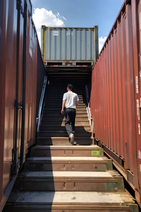 A man descends the stairs from a truck container。The face is facing me。There are no walls on either side、Stairs only exist outside the track。