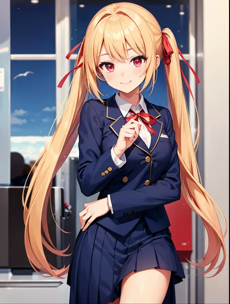 Idol-like anime character, neat face, smile, cute expression, cheerful expression, blond twin-tail hair, wearing red ribbon, small breasts,
navy blue stewardess uniform, navy blue blazer, long skirt,.
greeting, plane flying in background in airport lobby,....