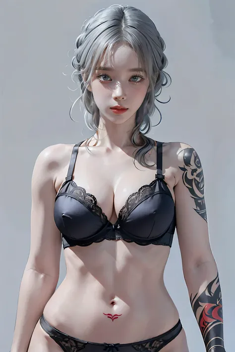 1 Female, Gray Hair, Beautiful breasts, lingerie, (Bra falls off 1.5) Fishnet tights, ((Numerous tattoos all over the body))), Muscular, Big thighs, Narrow waist, Toned Abs,((Multiple tattoos all over the body:1.2)),panties