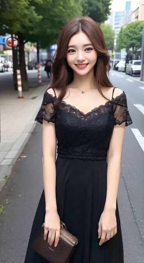 ((Best quality, 8k, Masterpiece :1.3)), 1girl, smiling, full body, slim face, Pretty woman, (Dark brown hair), full length dress :1.1, Ultra-detailed face, Detailed eyes, Double eyelid, blur background, slim face, city, outside, street,