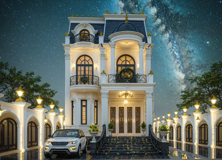 ((head of&#39;artwork)), (((best quality))), ((extremely detailed)), neo-classical villa on the street, white tone and dark roof...