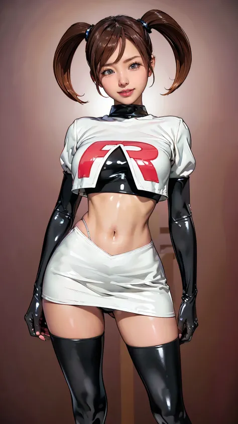 (masterpiece, Highest quality, In 8K, Very detailed, High resolution, Realistic:1.2), (Latex Team Rocket uniform:1.3), (Grin:1.2), (Brown Hair, Twin tails, Mid-length hair:1.2), (Cowboy Shot:1.3), (20 year old Japanese woman:1.2), (Shorten your skirt:1.3),...